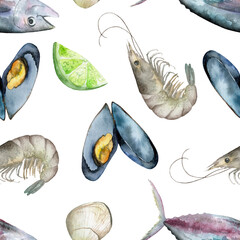 Watercolor pattern with sea animals and fish