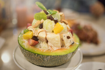 Healthy homemade fruit salad bowl shot from above.Fresh fruit salad