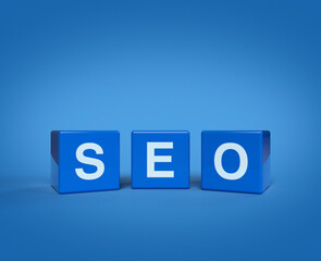 3d rendering, illustration of SEO letter on block cubes on blue blackground, Technology search engine optimization ranking concept