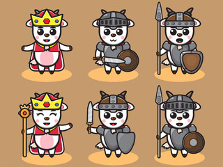 Vector illustration of cute Goat King and Knight cartoon set. Good for icon, logo, label, sticker, clipart.
