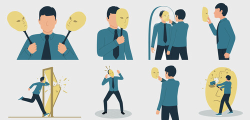 Vector illustration of dissociative personality disorder, imposter syndrome or split personality disorder. A man suffering from a mental disorder. Set of characters in a flat style.