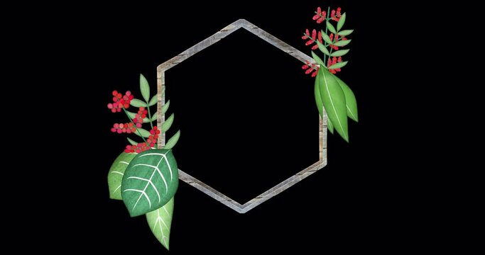 Stylized drawing frame made of animated leaves with wooden edging. An endlessly looped vegetable underlay with a blank space for text or information. Floral sign with transparent background.