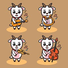 Vector illustration of cute Goat Play Music cartoon set. Good for icon, logo, label, sticker, clipart.
