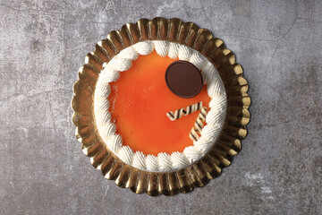 San Marcos cake (yolk and cream sponge cake) on gray table