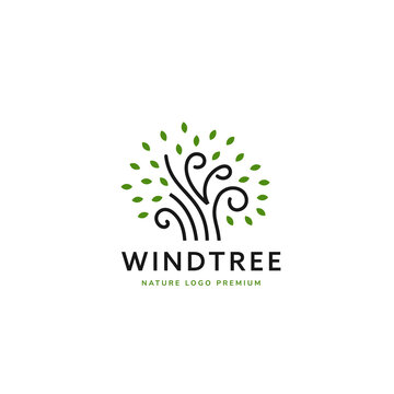 Simple nature wind tree logo in line style icon symbol