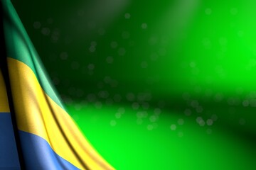 cute image of Gabon flag hangs in corner on green with bokeh and empty space for your text - any celebration flag 3d illustration..