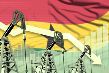 lowering down chart on Ghana flag background - industrial illustration of Ghana oil industry or market concept. 3D Illustration
