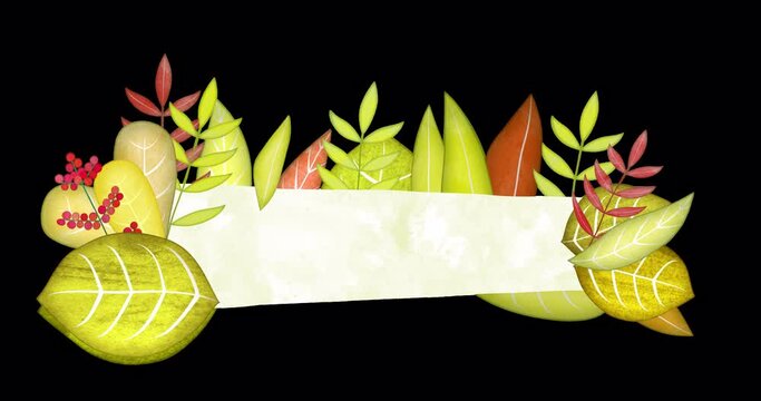 Stylized lower third made of animated leaves. An endlessly looped vegetable underlay with a blank space for text or information. Floral text plate with transparent background.