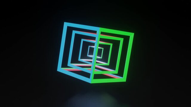 The frame of cubes glowing in different colors is slowly cooking on a black background. looped animated background. 3d render.