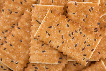 Cookies background. Top view sweet chips biscuits heap.