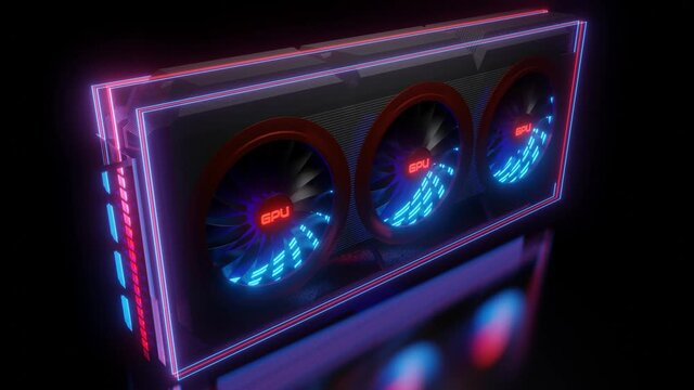 3D model of a video card with rotating coolers with backlight on a black background. 3d render