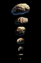 Comparison of the sizes of asteroids. Collection of space stones and comets. Asteroid belt. 