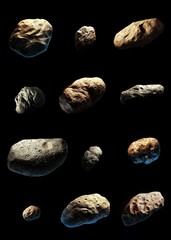 Comparison of the sizes of asteroids. Collection of space stones and comets. Group of asteroids 3d illustration.