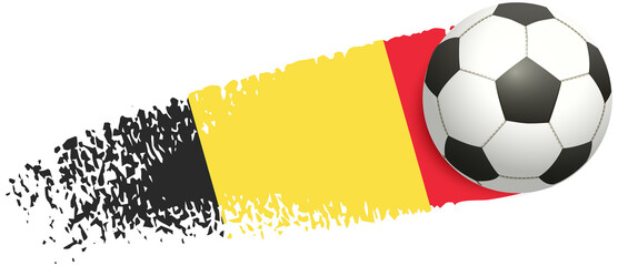 Soccer ball flying on background of belgium flag. European football championship 2020 and 2021