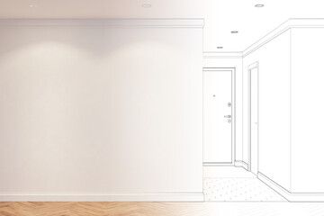 The sketch becomes a real empty lightroom with spotlit blank white wall, parquet flooring, corridor with doors in the background. Front view. 3d render