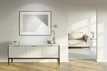 Modern white interior with an illuminated horizontal poster above a light-colored cabinet with decor, a doorway to a room with a sofa, and a coffee table with a parquet floor. Front view. 3d render - obrazy, fototapety, plakaty
