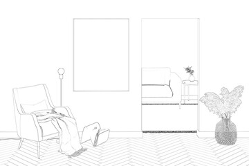 Sketch the modern room with a vertical poster next to an armchair with a magazine rack, pampas grass in a basket next to the doorway to the room with a sofa and a coffee table. 3d render