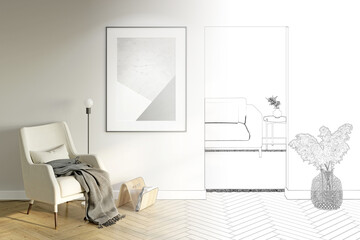 The sketch becomes a real modern room with a vertical poster next to an armchair with a magazine rack, pampas grass in a basket next to the doorway to the room with a sofa and a coffee table.3d render