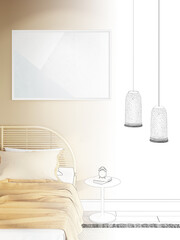 The sketch becomes a real sunny bedroom in warm colors with a horizontal poster over a bamboo headboard, two tracery lamps near a graceful white bedside table, a carpet on a wooden floor. 3d render