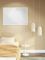 A sunny bedroom in warm colors with a horizontal poster over a bamboo headboard, two tracery lamps near a graceful white bedside table, a carpet on a wooden floor. Front view. 3d render