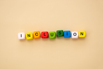 Inclusion text colorful wooden cubes. Inclusive social concept, flat lay.