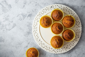 Delicious muffins in a plate, pastry and bakes concept. Freshly baked sweet snacks