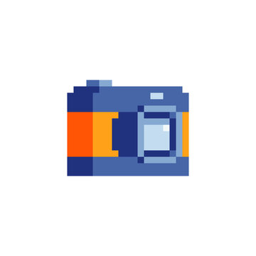 Retro camera icon. Pixel art flat style. Web site design. 8-bit sprite. Isolated abstract vector illustration. 