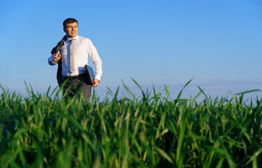 Naklejka na ściany i meble businessman works in a green field, freelance and business concept, green grass and blue sky as background