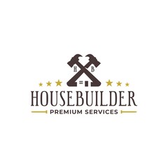 logo for house builder with a vintage style. an illustration of a hammer with a house in the bottom, good for house repair services logo.