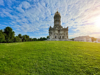 Fototapeta na wymiar Panorama with ancient cathedral, Dubrovitsy, Moscow region, Russia