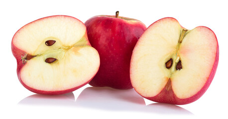 Pink lady apples with slice isolated on white background.