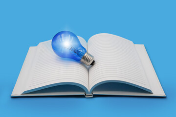 Glowing Blue light bulb on open blank notebook on blue background , education with intellectual and wisdom concept