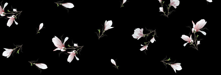 realistic magnolia flower, 3d banner. The magnolia branch is a symbol of spring, summer in the style of realism. pattern, background for web pages, website.  vector art illustration.  Widescreen