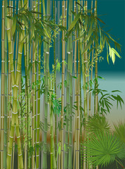 Fototapeta na wymiar green bamboo plants and tropical flowers on blue