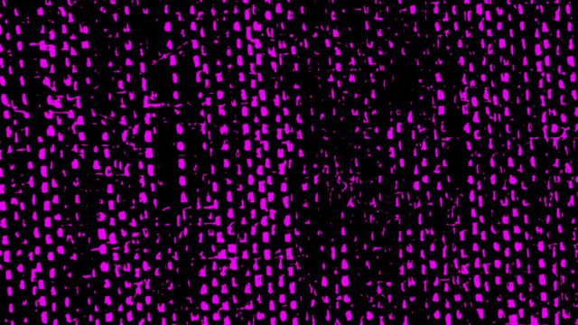 Abstract vertical torn lines rows blinking on black background, seamless loop and stop motion. Animation. Purple stripes of dots or particles.