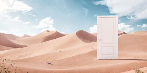Surreal 3d Illustration of a White Door in the Middle of the Desert.
