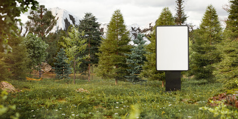 3d Illustration of an Empty Billboard Standing in the Middle of the Wild Forest.