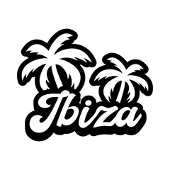 Destino de vacaciones. Logotipo con texto Ibiza con palmeras con sombra en color negro