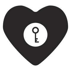 black heart with key inside. Simple form icon. Flat style. Vector illustration