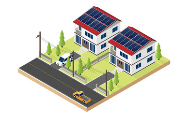 solar cell energy, house use solar cell roof top in isometric graphic