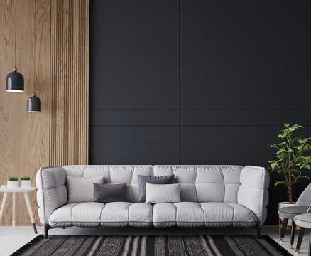 White sofa in cozy home interior, dark living room with wooden wall stripes, 3d render