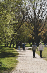 people walking in the park on a sunny day