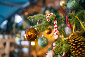Closeup of Christmas tree decorations new year background