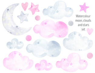 Pink clouds, moon and stars watercolor set. Dream, sky, flight. Sleeping, scandinavian. Pink invitation card. Baby shower, birthday invitation card. Welcome Baby; Hello Girl, pastel, illustration