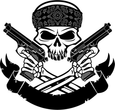 skull holding pistols and banner
