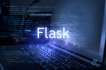 Flask inscription against laptop and code background. Learn flask, computer courses, training.
