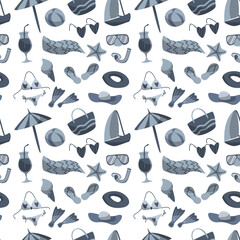 Seamless pattern with summer things for beach in blue color. Flat style. Vector illustration