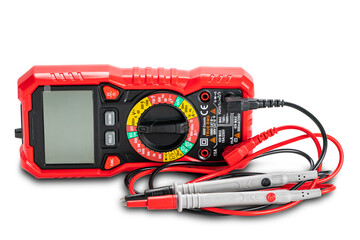 Side view of red portable digital multimeters or multitester with test leads and probes on white background.
