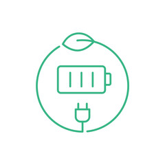 Green battery icon. Clean energy concept. Environmental friendly energy sources. Battery in a circle with a leaf and a plug. Eco sustainable power logo. Thin line illustration. Vector, flat, clip art.