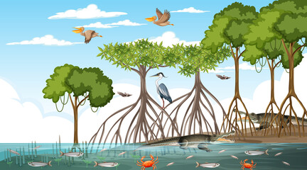 Mangrove forest landscape scene at daytime with many different animals